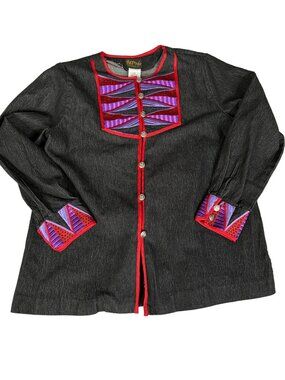 Bob Mackie Medium  Wearable Art Shirt Jacket Blazer Black & Purple Embroidered